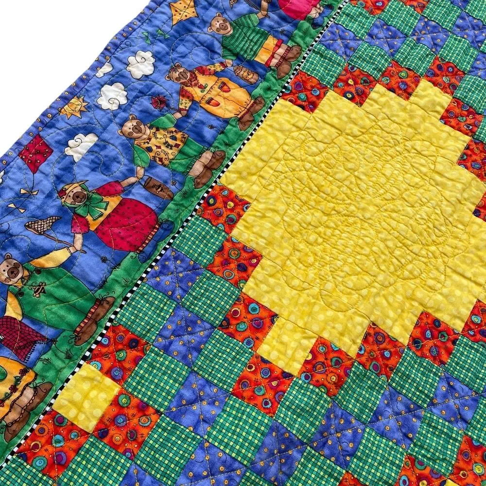 Quilt Irish Chain or Log Cabin Style Quilt‎ Framed with Bears Holding Hands